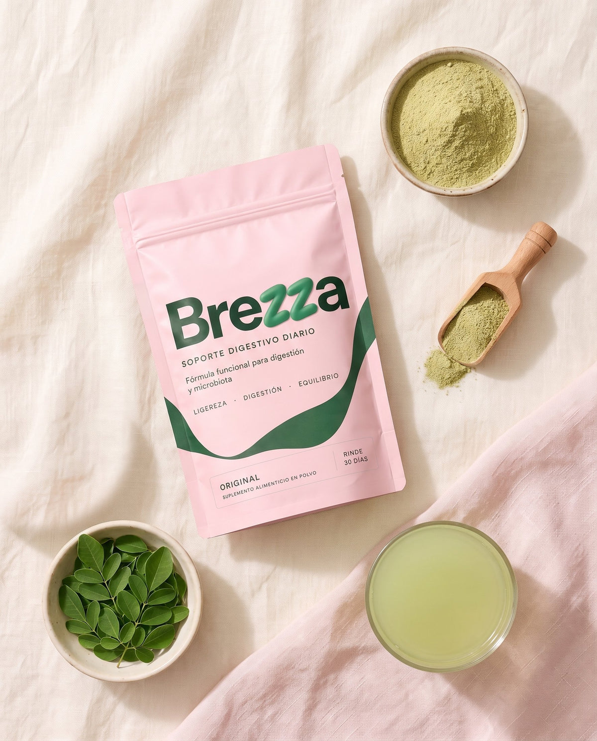 Brezza Original, su polvo y hojas de moringa vistos desde arriba