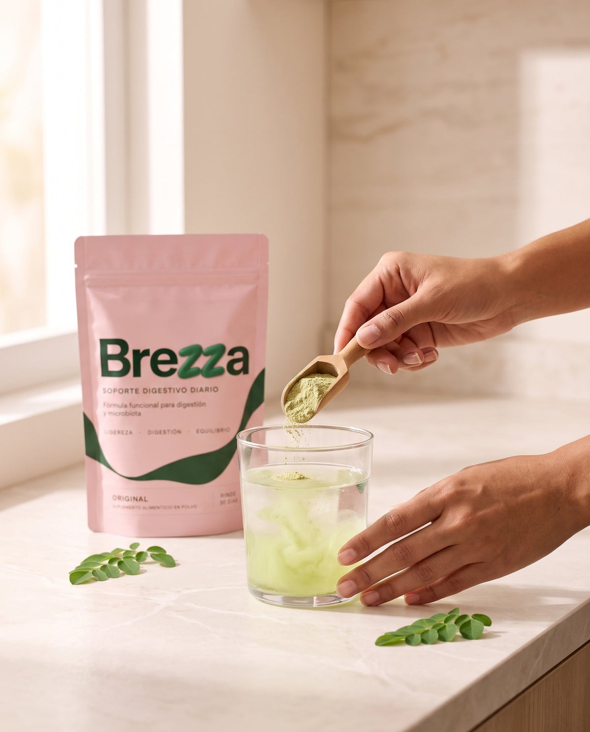 Cómo se toma: una porción de Brezza en un vaso de agua